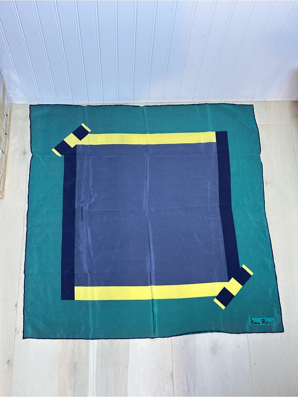Nina Ricci Teal, Navy & Yellow Graphic Square Silk Scarf Italy 30x30 - Picture 3 of 7